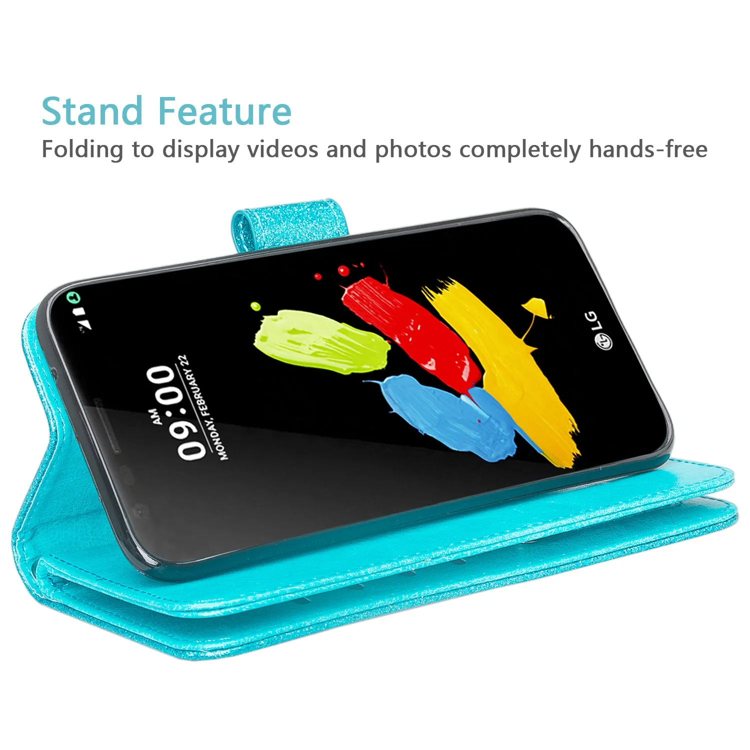 LG K10 (2018) Case, K30, Premier Pro, K10 Plus, Phoenix Plus, Xpression Plus, K10α, X4 Plus, X410, MS245, Wrist Strap Glitter Leather Flip Kickstand Protective Wallet Cover Clutch - Teal