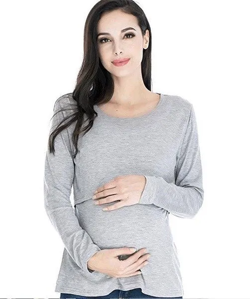Long Sleeve Breastfeeding Tops Women Nursing T-shirt Cotton