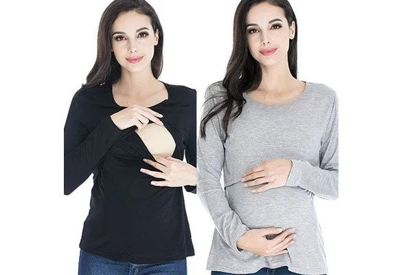 Long Sleeve Breastfeeding Tops Women Nursing T-shirt Cotton