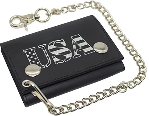 Marshal Men's Tri-fold RFID Blocking Biker Genuine Leather Steel Chain USA Wallet Snap closure