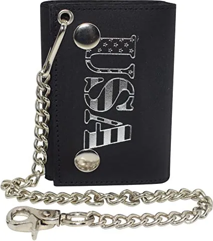 Marshal Men's Tri-fold RFID Blocking Biker Genuine Leather Steel Chain USA Wallet Snap closure