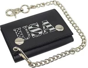 Marshal Men's Tri-fold RFID Blocking Biker Genuine Leather Steel Chain USA Wallet Snap closure