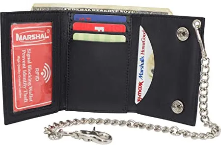 Marshal Men's Tri-fold RFID Blocking Biker Genuine Leather Steel Chain USA Wallet Snap closure