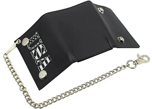 Marshal Men's Tri-fold RFID Blocking Biker Genuine Leather Steel Chain USA Wallet Snap closure