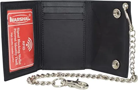 Marshal Men's Tri-fold RFID Blocking Biker Genuine Leather Steel Chain USA Wallet Snap closure