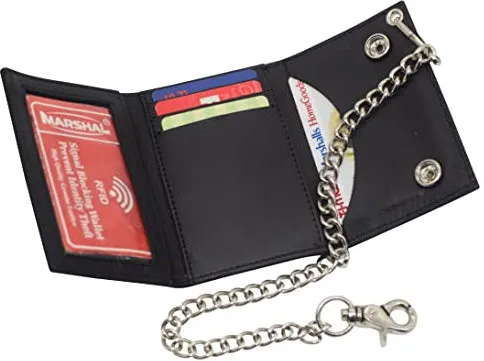Marshal Men's Tri-fold RFID Blocking Biker Genuine Leather Steel Chain USA Wallet Snap closure
