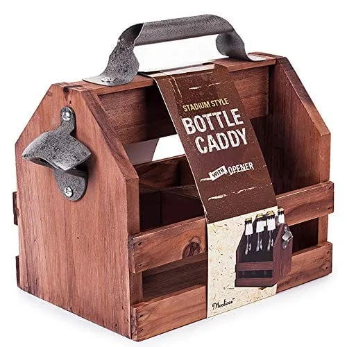 Mealivos Wooden Bottle Caddy, 6-Pack Beer Carrier with Built-In Metal Bottle Opener, Beer Buckets for 6 Beers