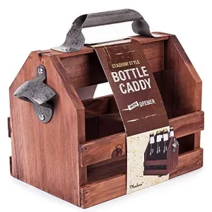 Mealivos Wooden Bottle Caddy, 6-Pack Beer Carrier with Built-In Metal Bottle Opener, Beer Buckets for 6 Beers