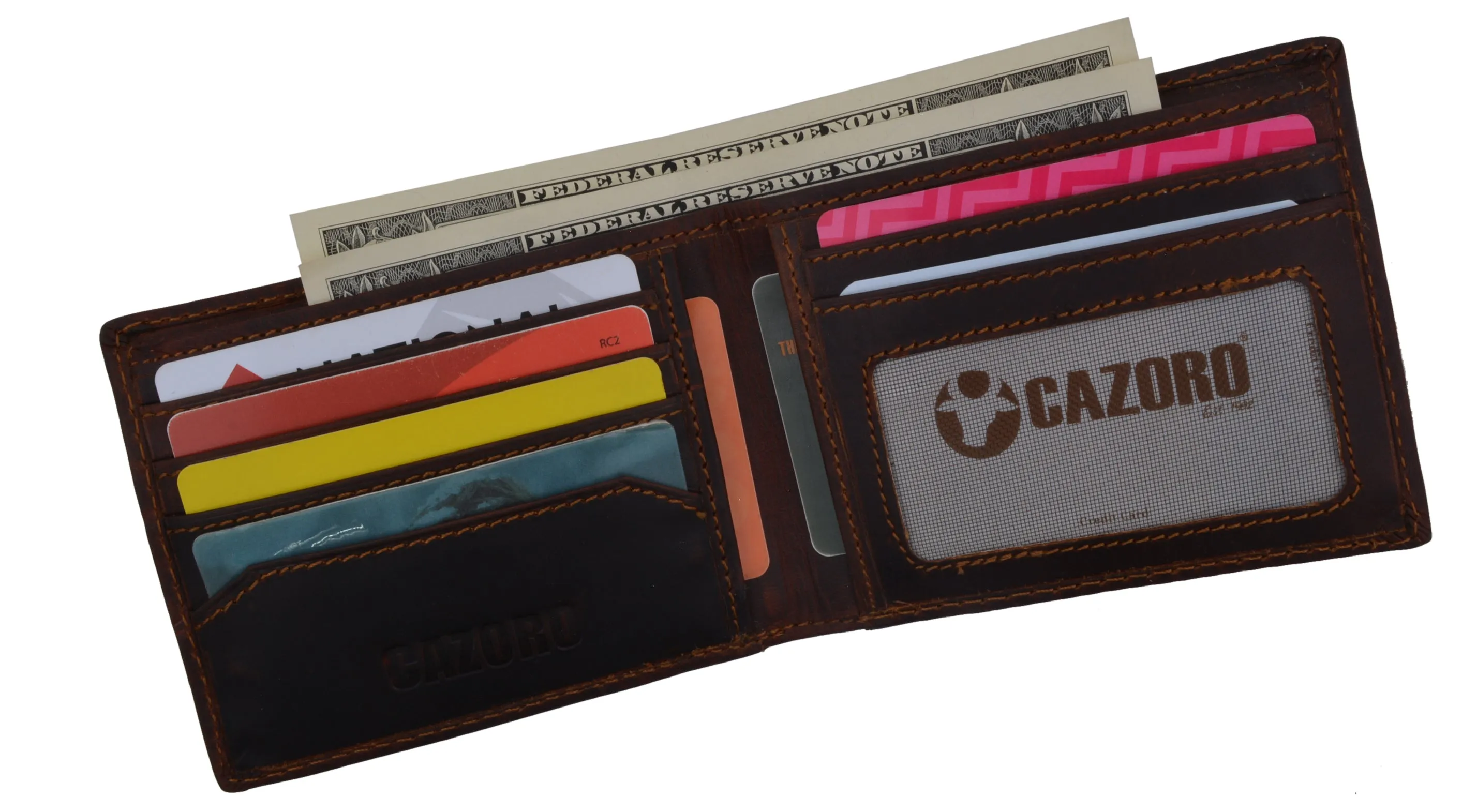 Men Wallet Vintage Brown Genuine Premium Leather Handmade Bifold RFID Cazoro