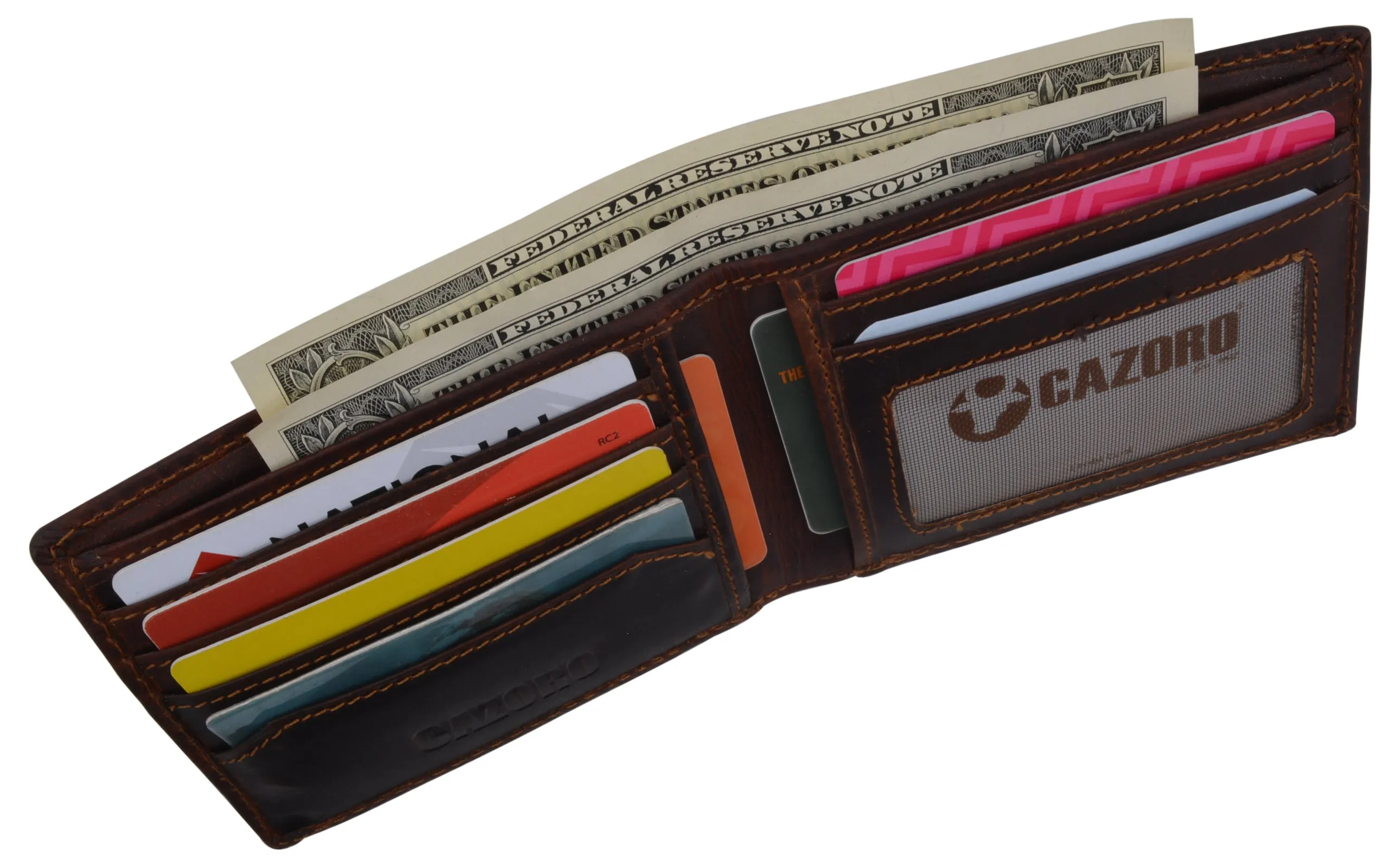 Men Wallet Vintage Brown Genuine Premium Leather Handmade Bifold RFID Cazoro