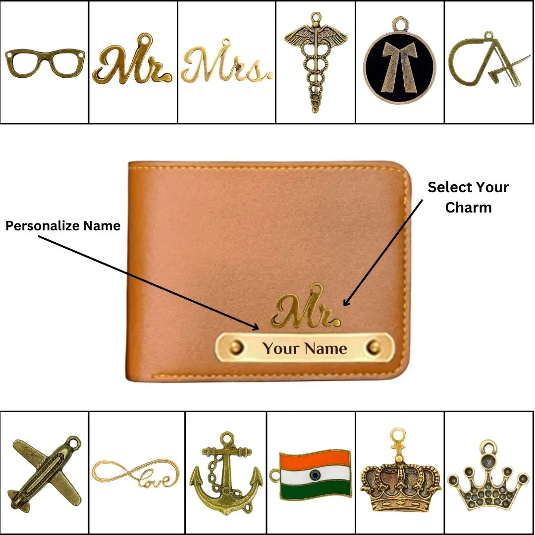 Mens Personalized Wallet with Name & Charms - Tan