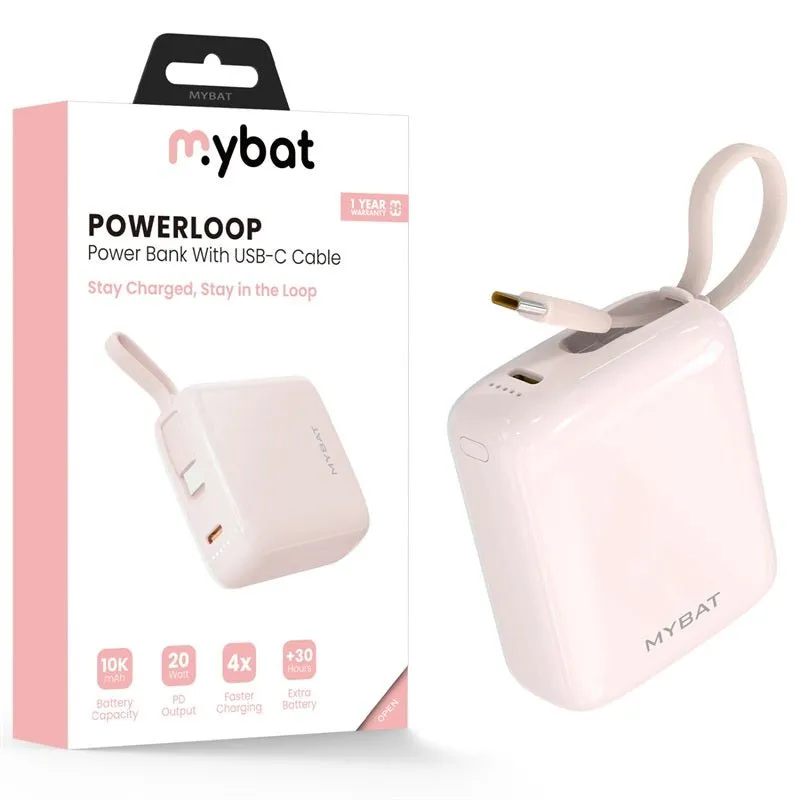 MyBat 10000mAh PowerLoop Power Bank with USB-C Cable - Pink