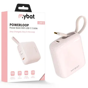 MyBat 10000mAh PowerLoop Power Bank with USB-C Cable - Pink