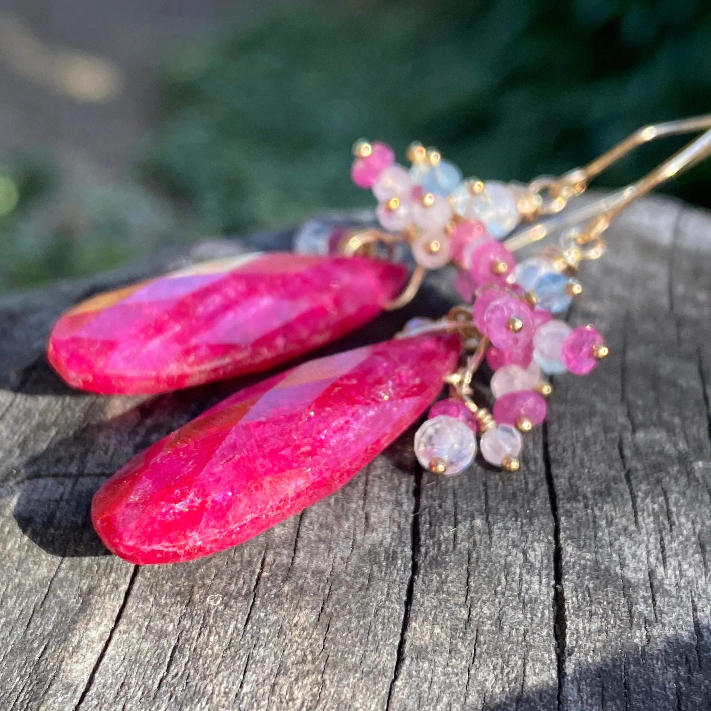 Natural Ruby & Pink Sapphire, Moonstone & Spinel Cluster Earrings