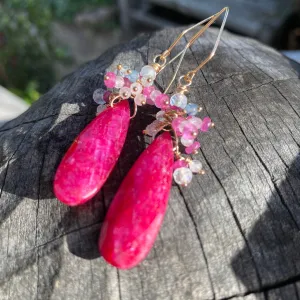 Natural Ruby & Pink Sapphire, Moonstone & Spinel Cluster Earrings