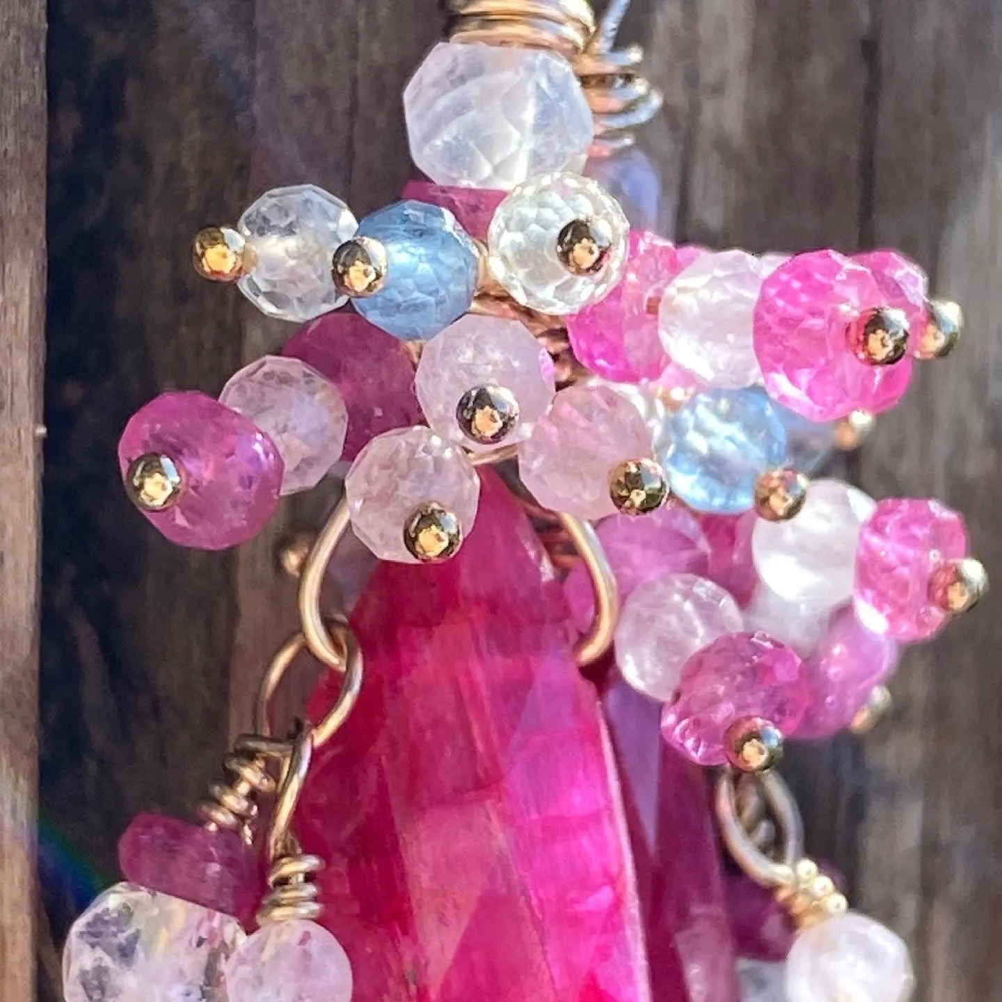 Natural Ruby & Pink Sapphire, Moonstone & Spinel Cluster Earrings