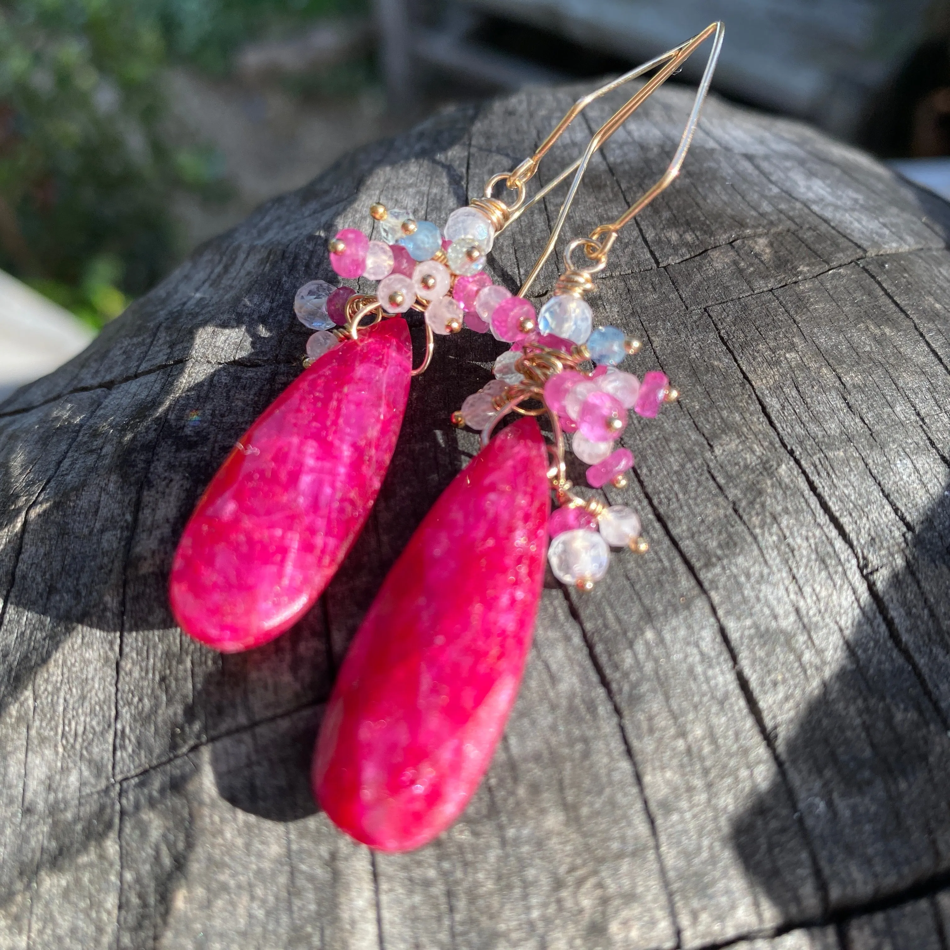 Natural Ruby & Pink Sapphire, Moonstone & Spinel Cluster Earrings