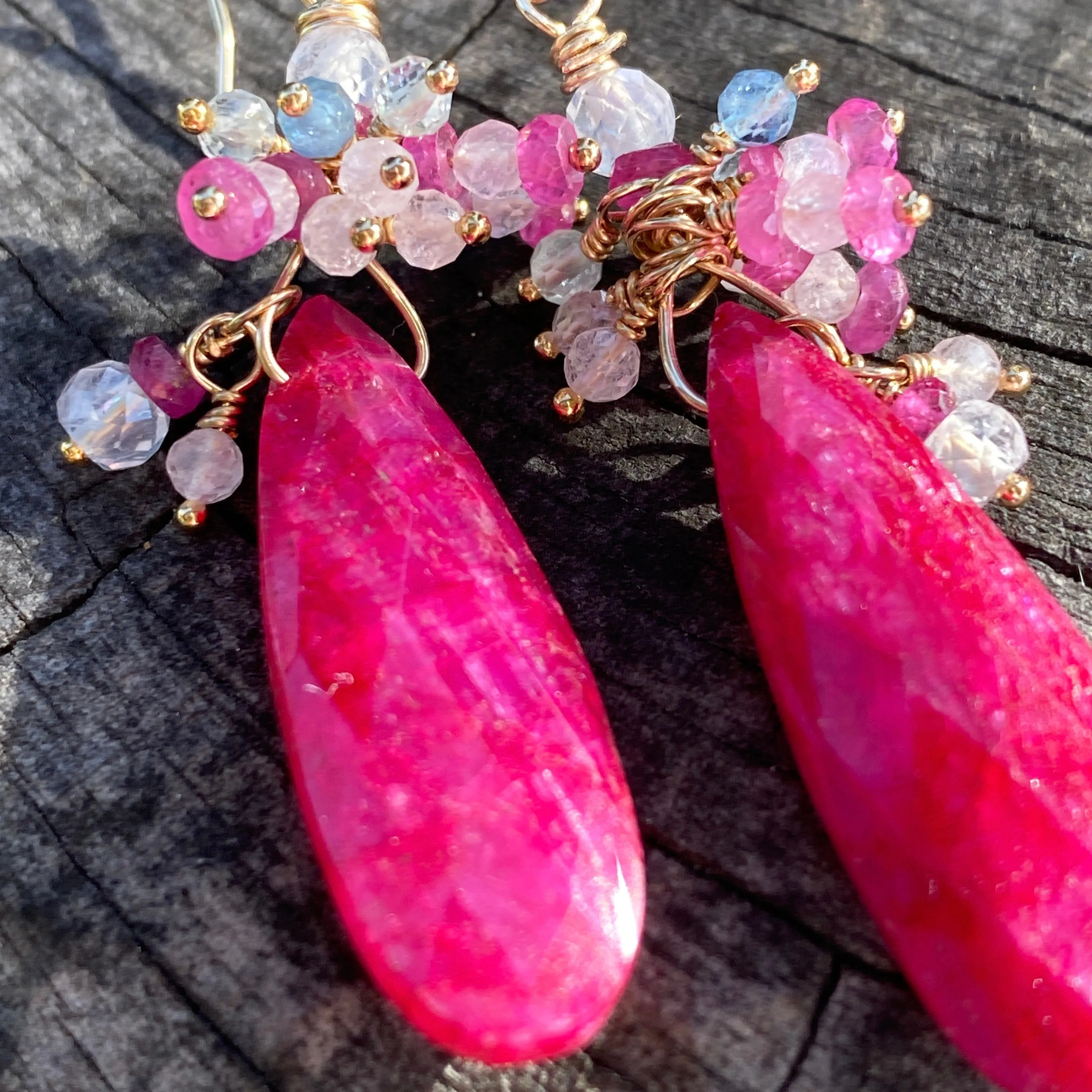 Natural Ruby & Pink Sapphire, Moonstone & Spinel Cluster Earrings