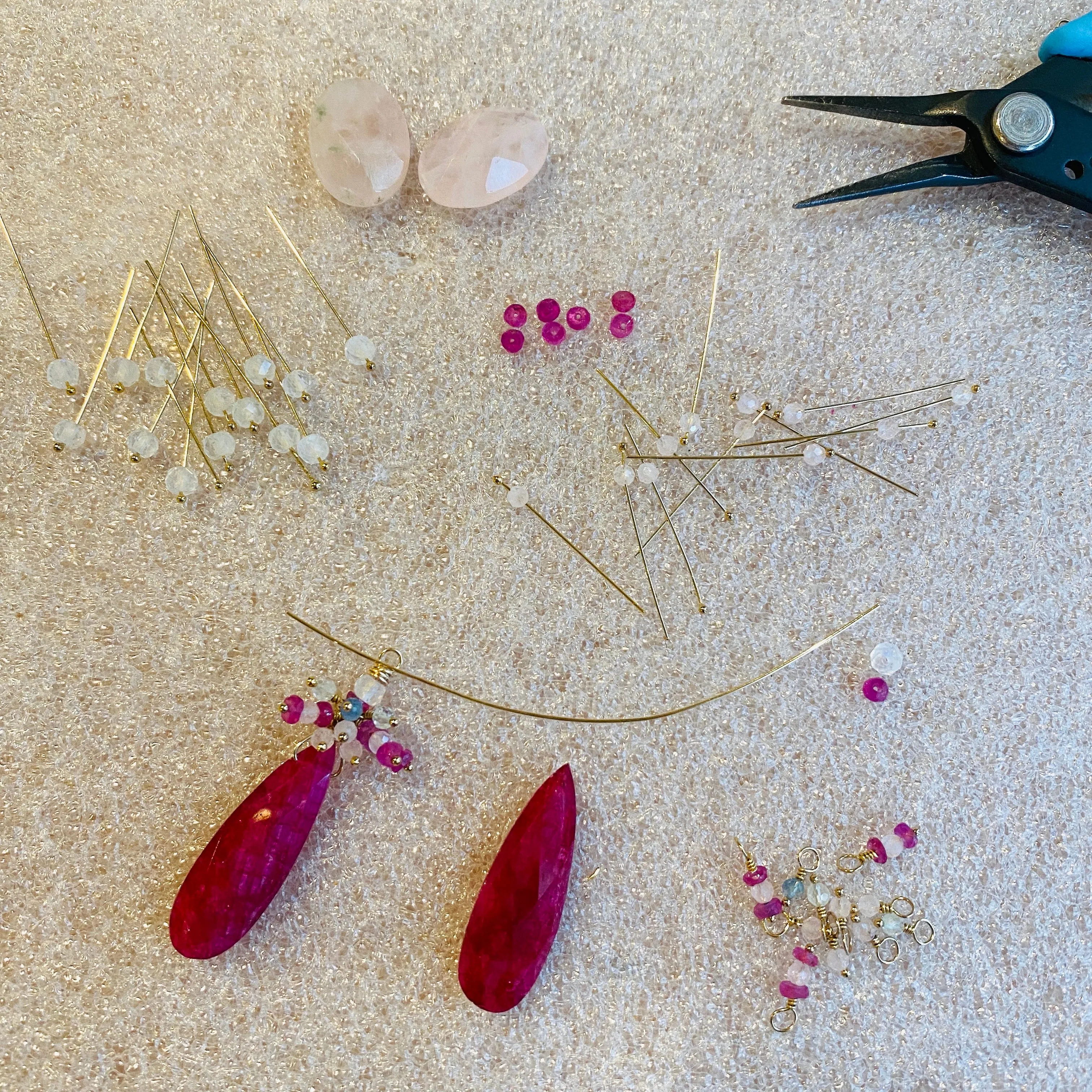 Natural Ruby & Pink Sapphire, Moonstone & Spinel Cluster Earrings