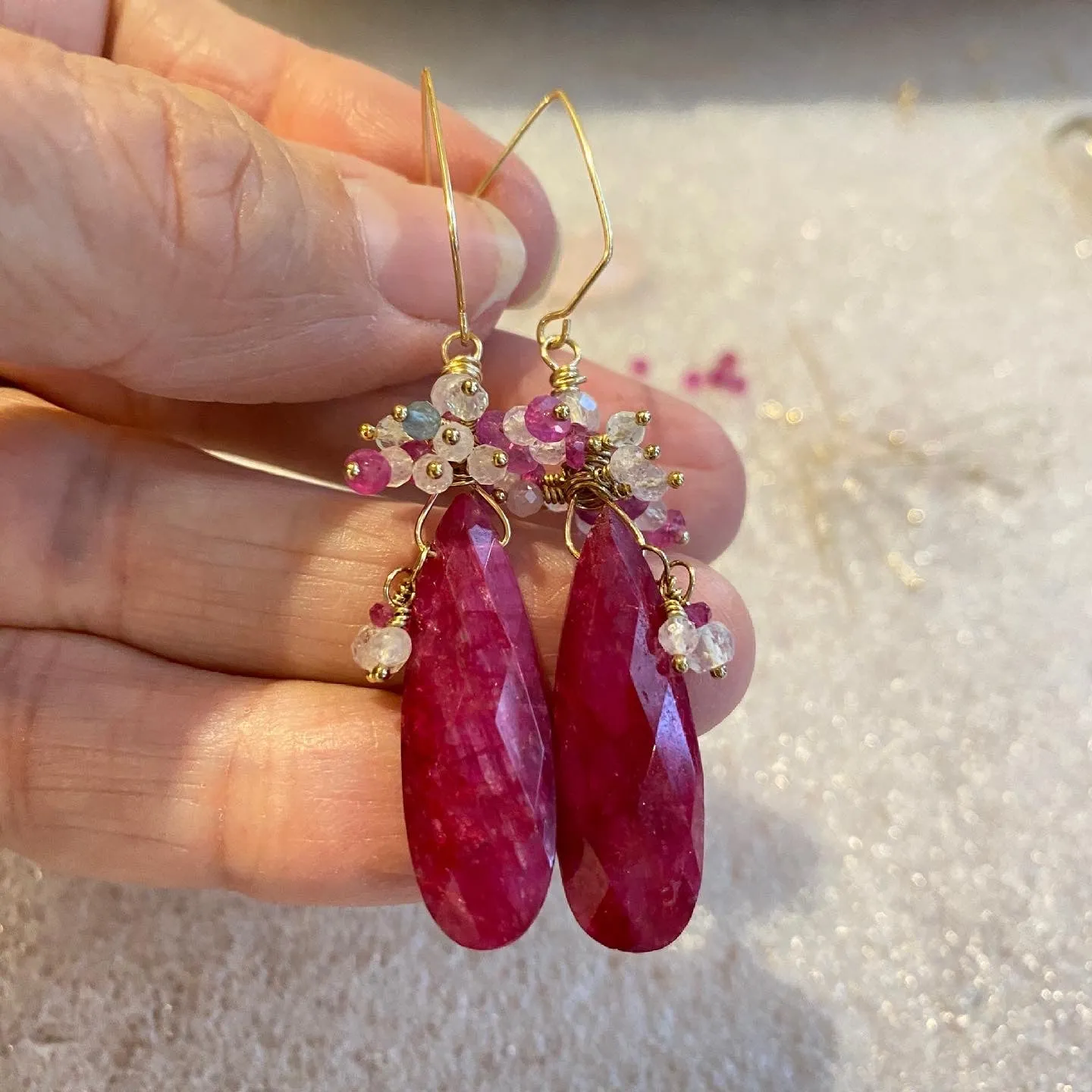Natural Ruby & Pink Sapphire, Moonstone & Spinel Cluster Earrings