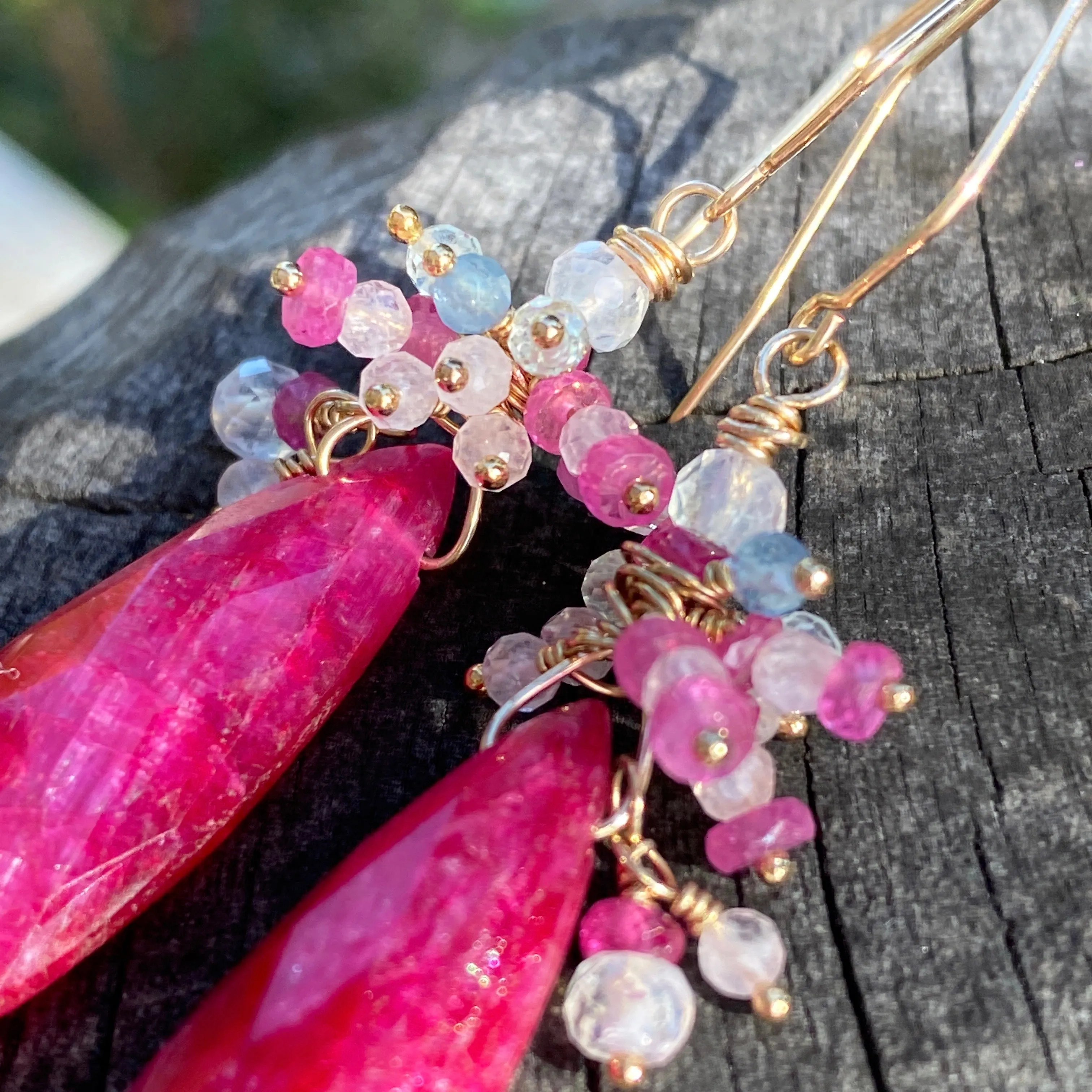 Natural Ruby & Pink Sapphire, Moonstone & Spinel Cluster Earrings