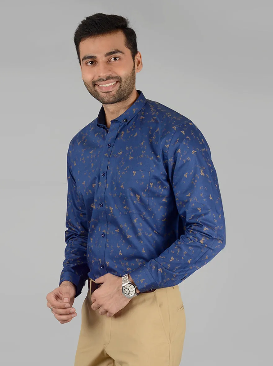 Navy Blue Printed Slim Fit Party Wear shirt | Greenfibre