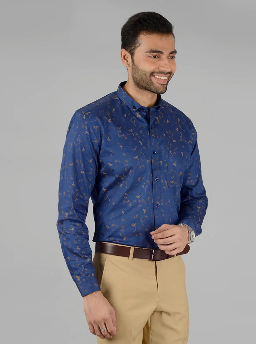 Navy Blue Printed Slim Fit Party Wear shirt | Greenfibre