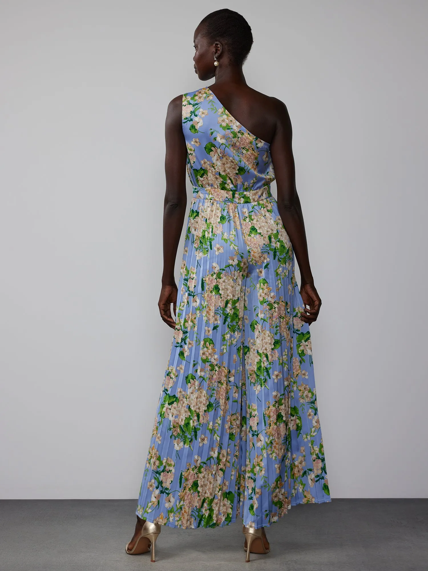 One Shoulder Floral Pleated Jumpsuit