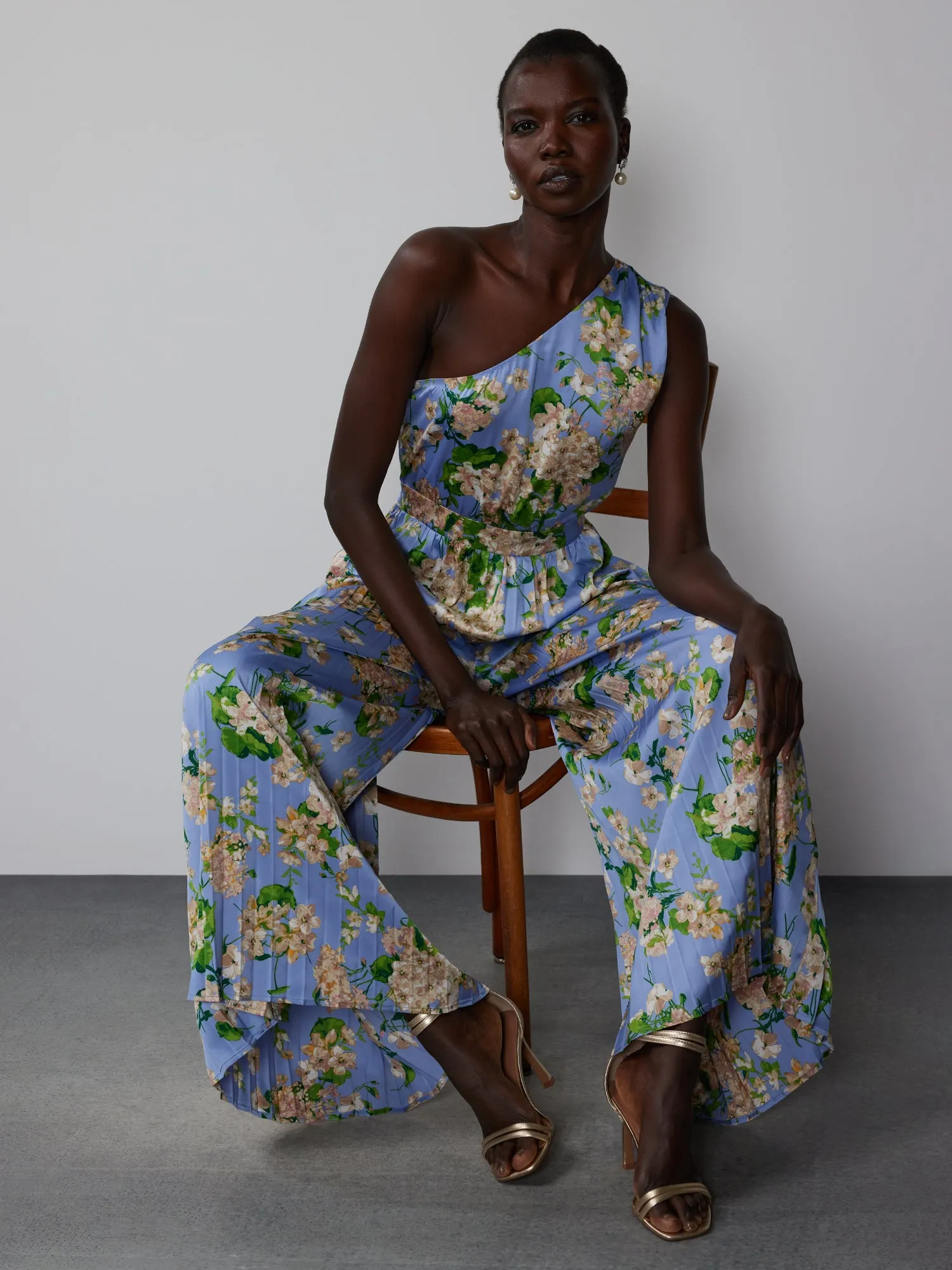 One Shoulder Floral Pleated Jumpsuit