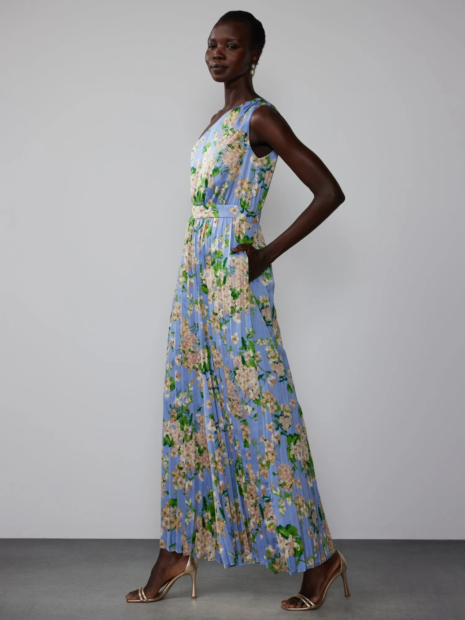 One Shoulder Floral Pleated Jumpsuit