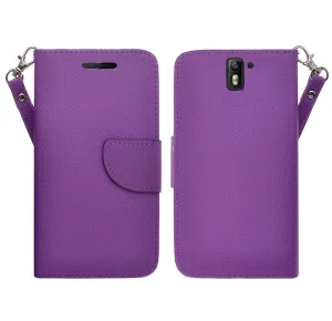 OnePlus One Case, Wrist Strap Flip Folio [Kickstand Feature] Pu Leather Wallet Case with ID & Credit Card Slots - Purple