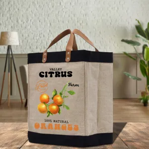 Orange Farm Fresh Market Jute Tote Bag Farmers Fruit Lover Burlap Bag Fruity Vintage Market Jute Burlap Bag Vintage Farmer Bag (VTB1004)