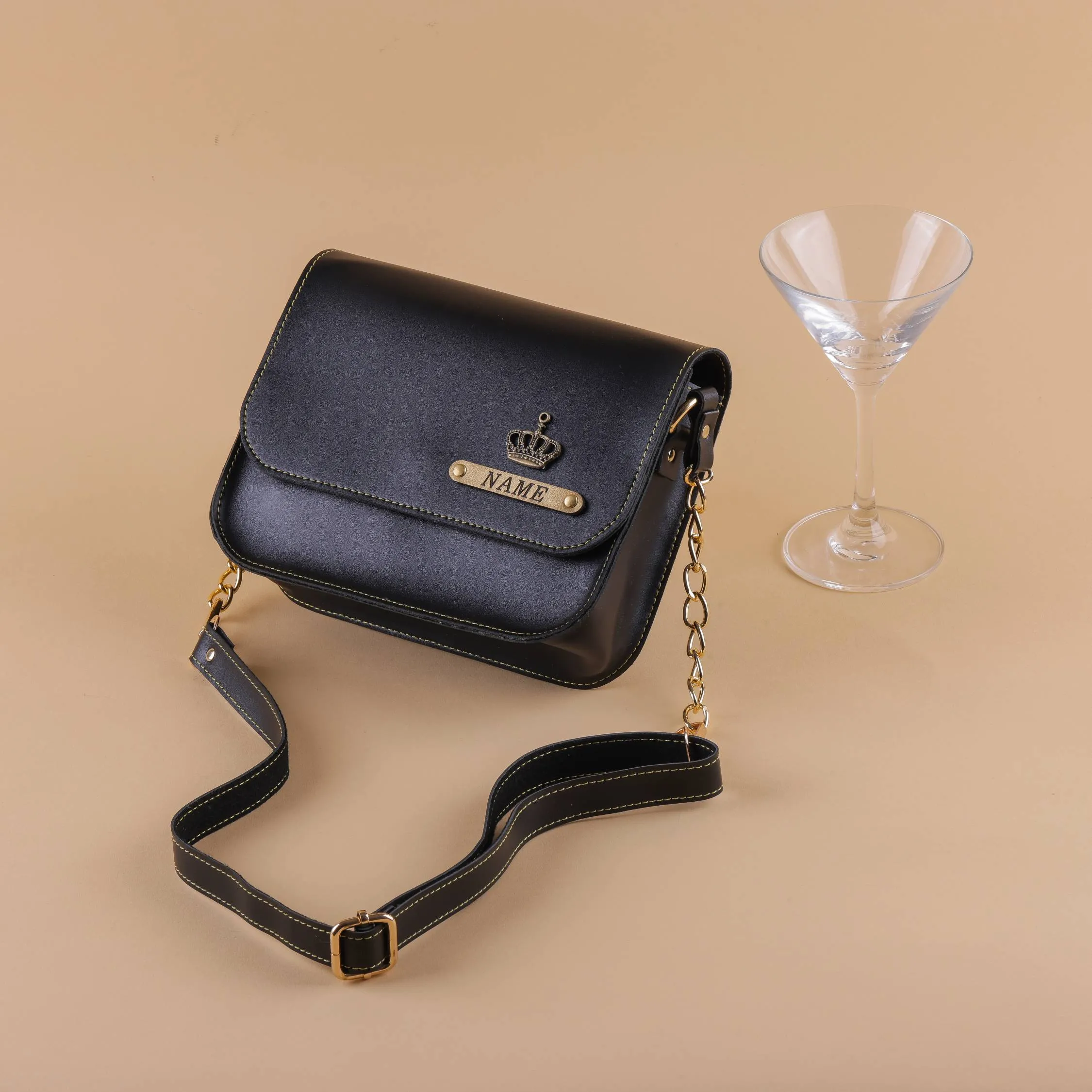 Personalized Faux Leather Women's Sling Bag | Black