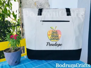 Personalized Teacher Canvas Tote Bag with Graffiti Apple Design