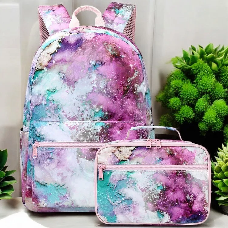 Pink and Green Tie Dye Galaxy School Bag Backpack