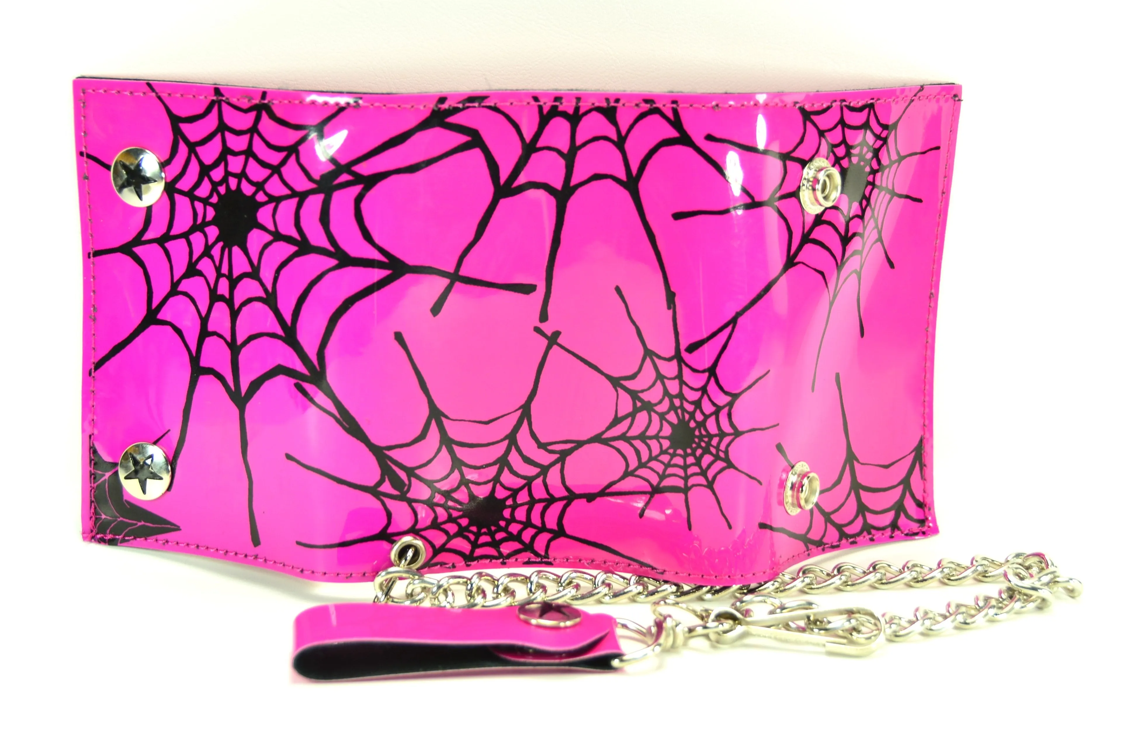 Pink Or Red Trifold Wallet With Black Spider Net Print