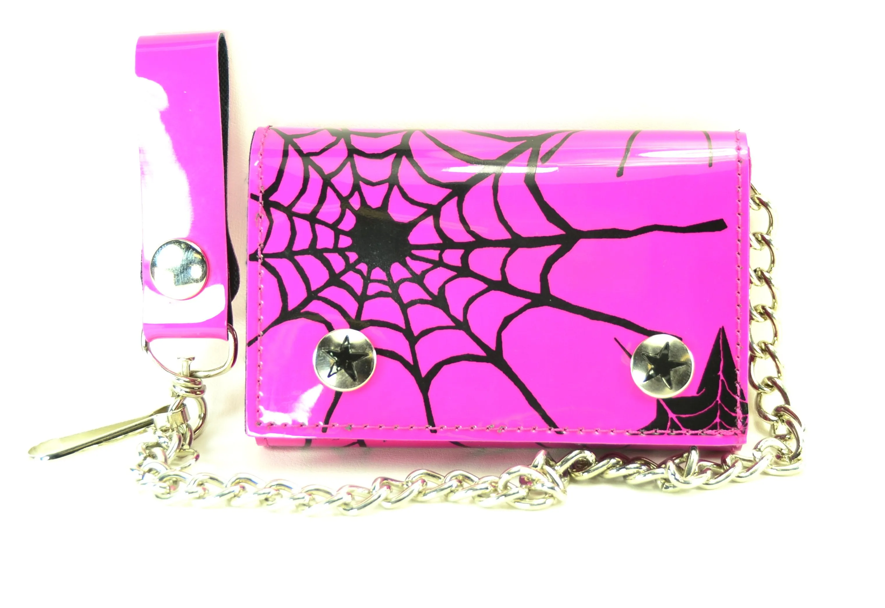 Pink Or Red Trifold Wallet With Black Spider Net Print