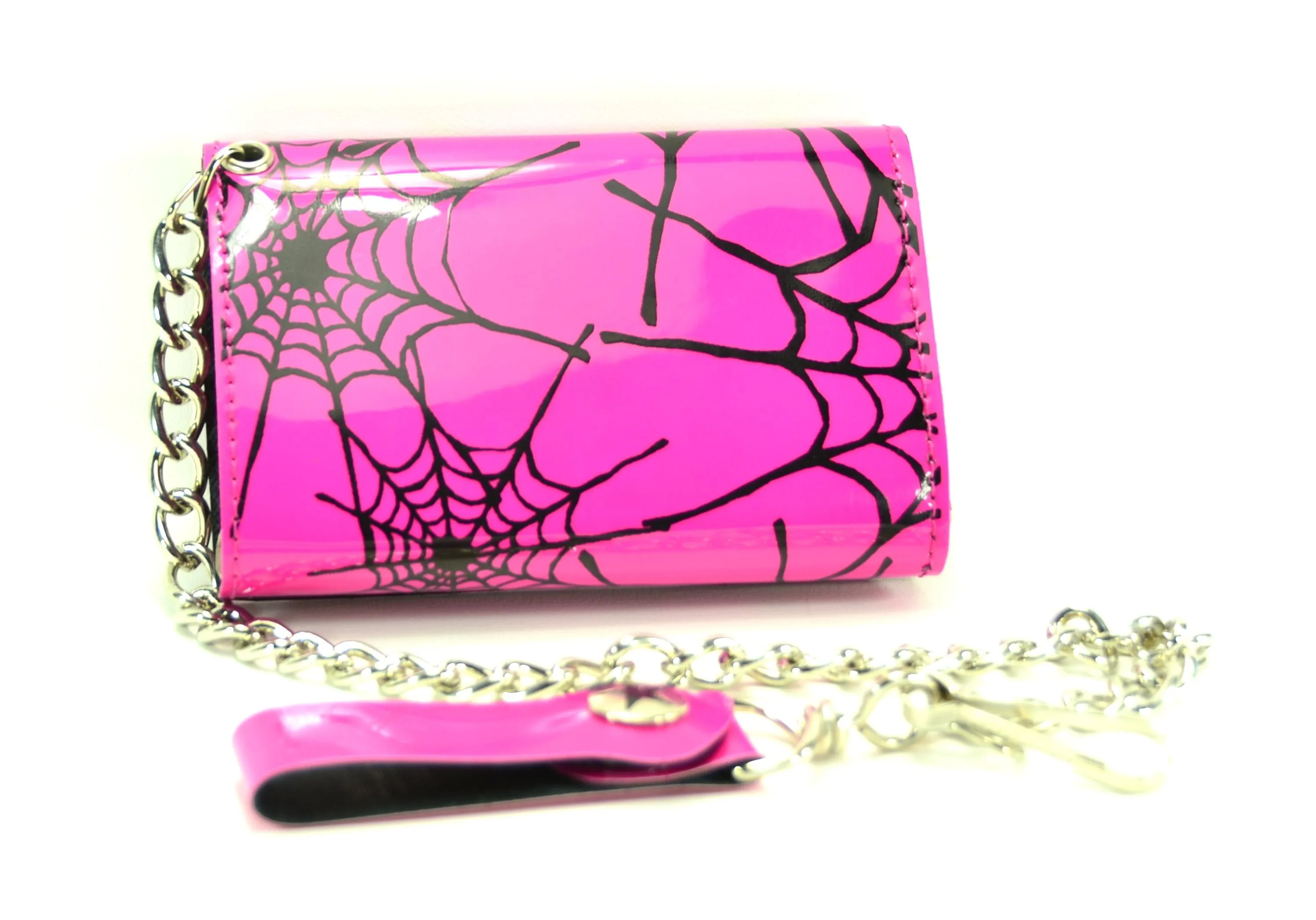 Pink Or Red Trifold Wallet With Black Spider Net Print