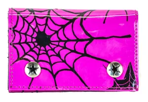 Pink Or Red Trifold Wallet With Black Spider Net Print