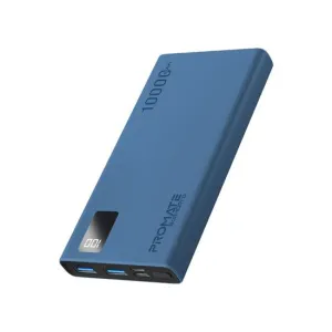 PROMATE 10000mAh Power Bank with Smart LED Display & Super Slim Design. Includes 2x USB-A & 1x USB-C Ports. 2A (Shared) Charging. Auto Voltage Regulation. Charge 3x Devices. Blue Colour.