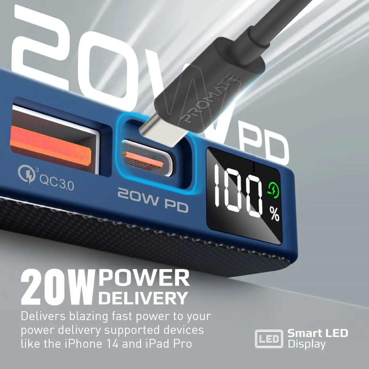 Promate 5000mAh Power Bank with Transparent Magsafe 15W Wireless Charging, 20W PD, 1x USB-C In/Out, 1x USB-A, Carbon Fiber Design, Charge 3x Devices, Blue