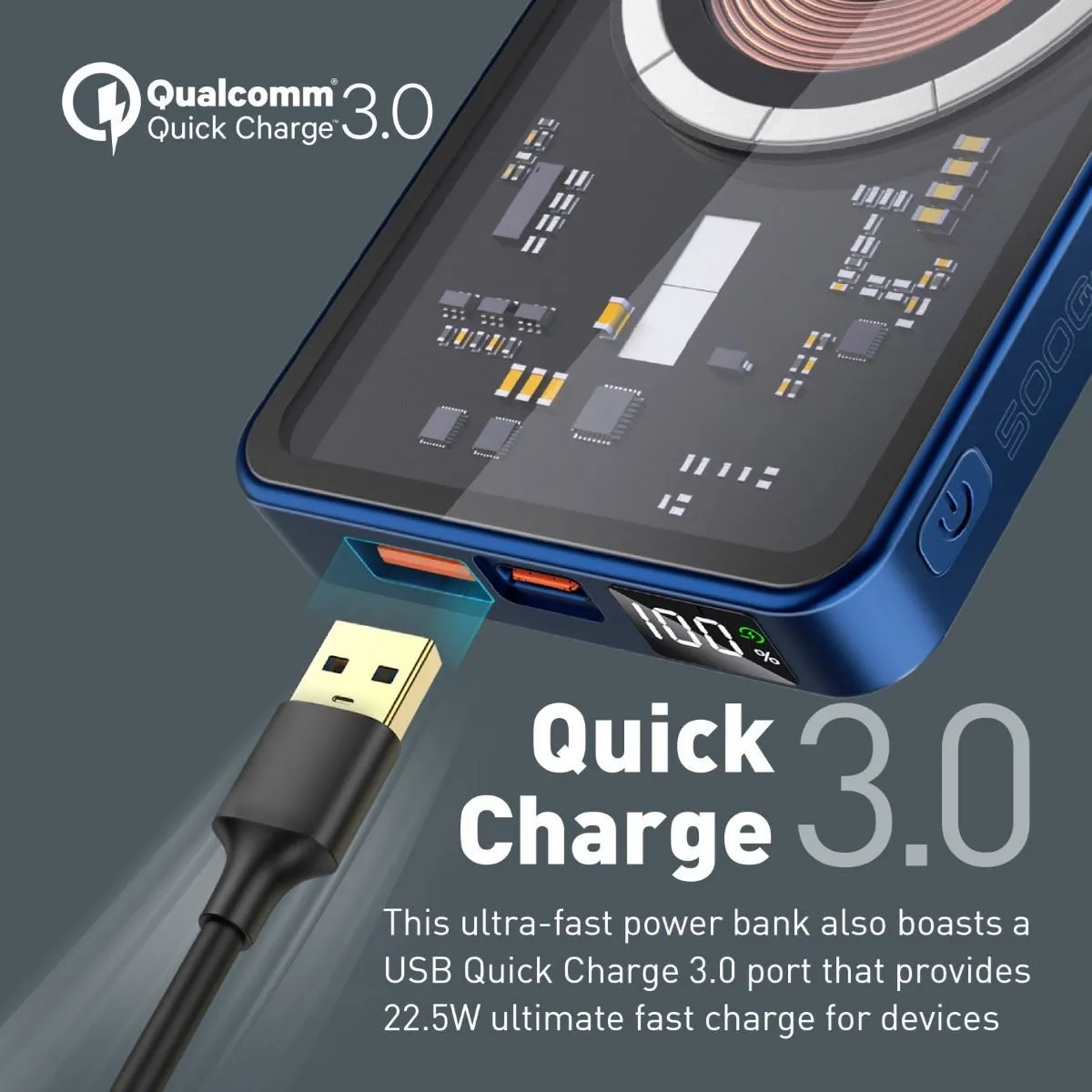 Promate 5000mAh Power Bank with Transparent Magsafe 15W Wireless Charging, 20W PD, 1x USB-C In/Out, 1x USB-A, Carbon Fiber Design, Charge 3x Devices, Blue