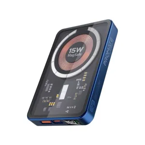 Promate 5000mAh Power Bank with Transparent Magsafe 15W Wireless Charging, 20W PD, 1x USB-C In/Out, 1x USB-A, Carbon Fiber Design, Charge 3x Devices, Blue