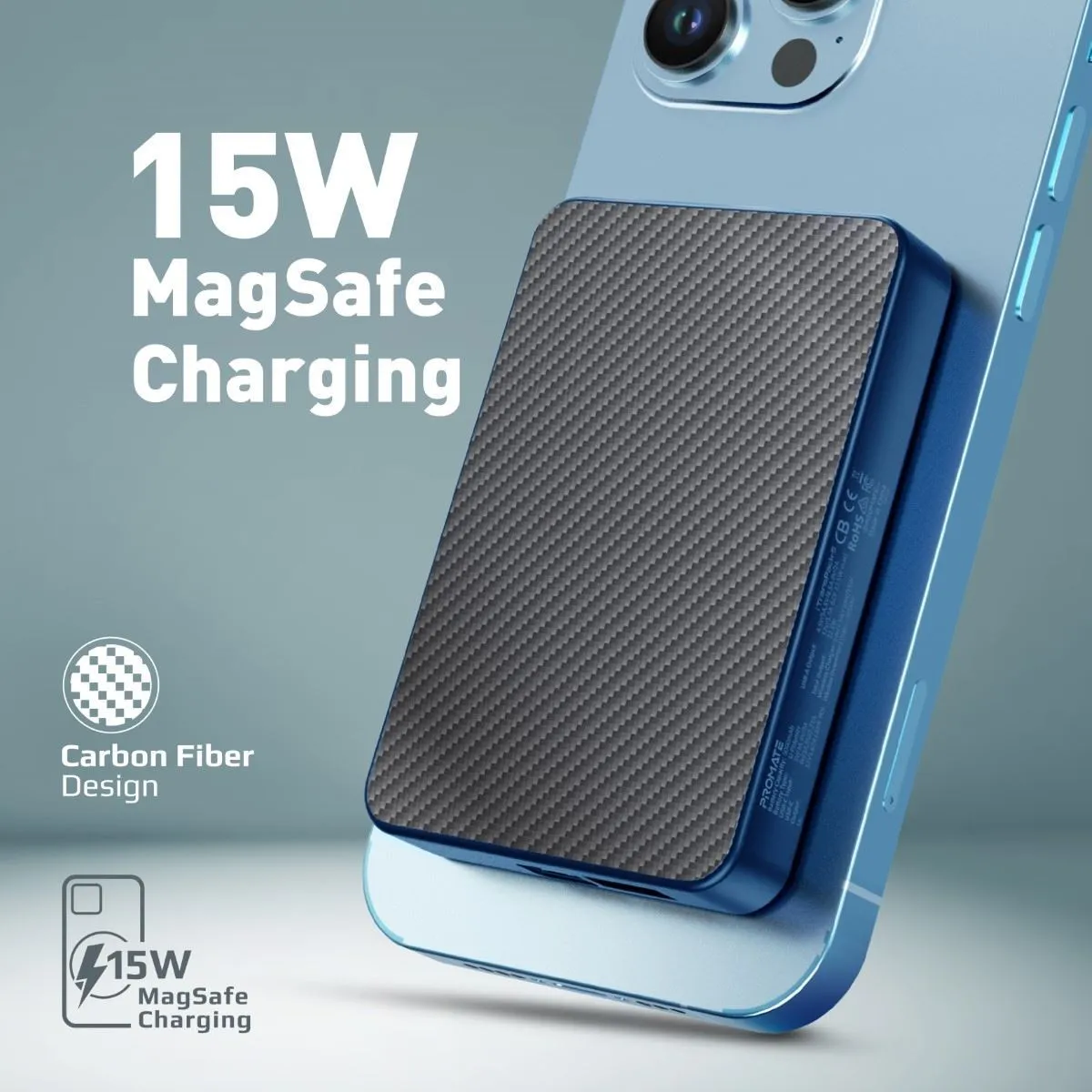 Promate 5000mAh Power Bank with Transparent Magsafe 15W Wireless Charging, 20W PD, 1x USB-C In/Out, 1x USB-A, Carbon Fiber Design, Charge 3x Devices, Blue