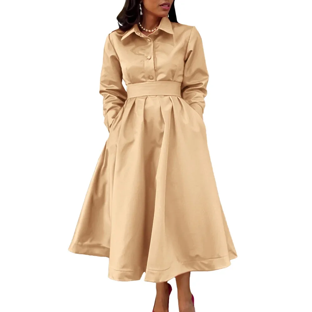 Rachelle Gorgeous Solid Color Shirt Collar Pockets A-Line Dress