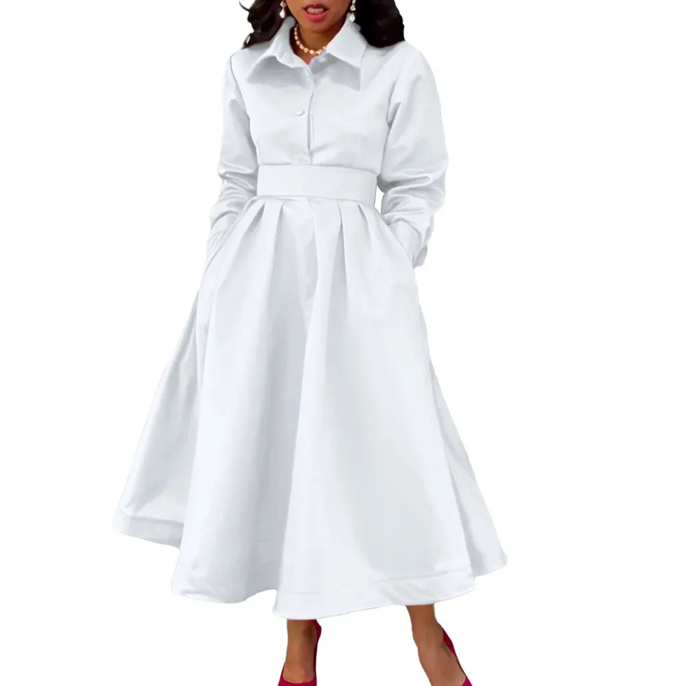 Rachelle Gorgeous Solid Color Shirt Collar Pockets A-Line Dress