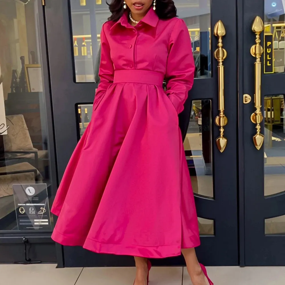 Rachelle Gorgeous Solid Color Shirt Collar Pockets A-Line Dress