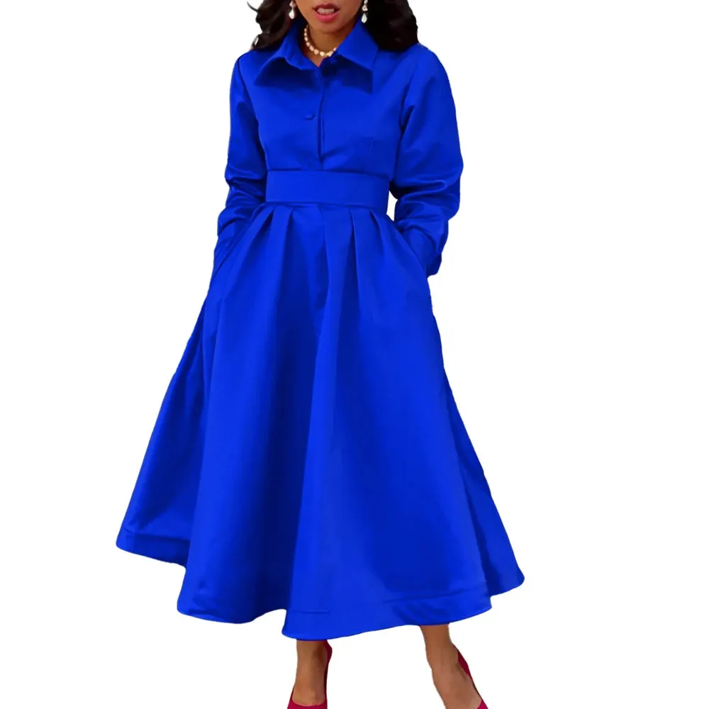Rachelle Gorgeous Solid Color Shirt Collar Pockets A-Line Dress