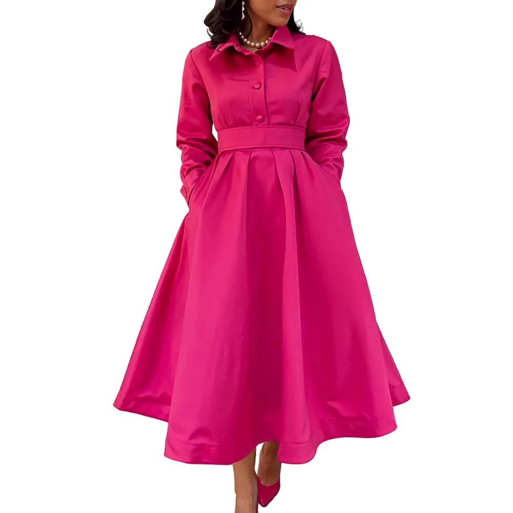 Rachelle Gorgeous Solid Color Shirt Collar Pockets A-Line Dress