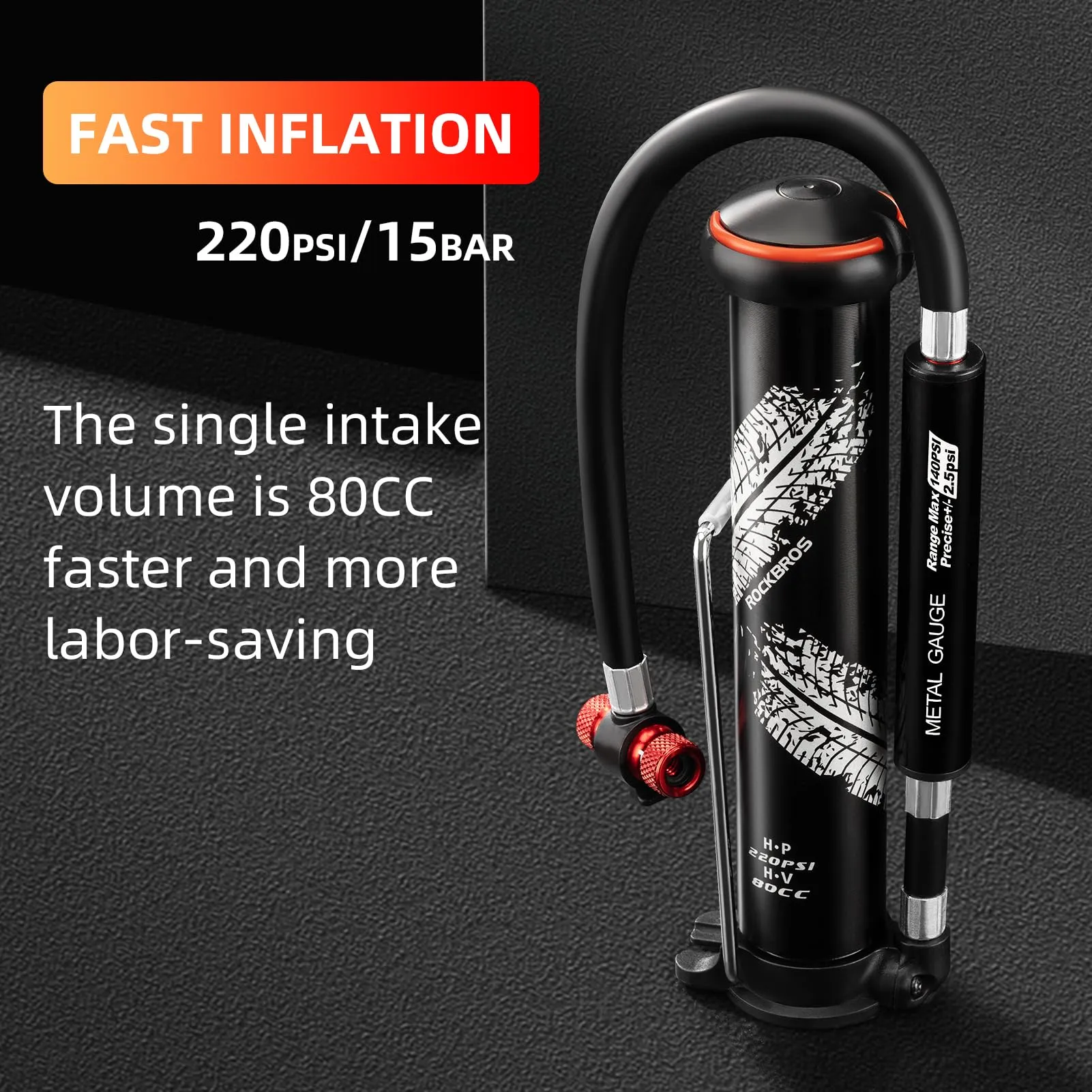 ROCKBROS Mini Bike Tire Pump Portable with Hidden Pressure Gauge Fits Valves 220PSI